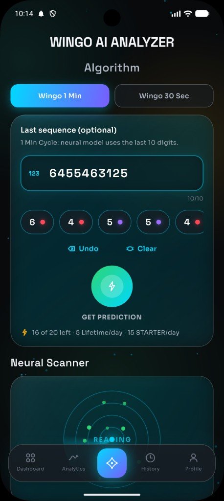 Wingo AI prediction analyzer showing sequence input, analysis modes and neural scanner
