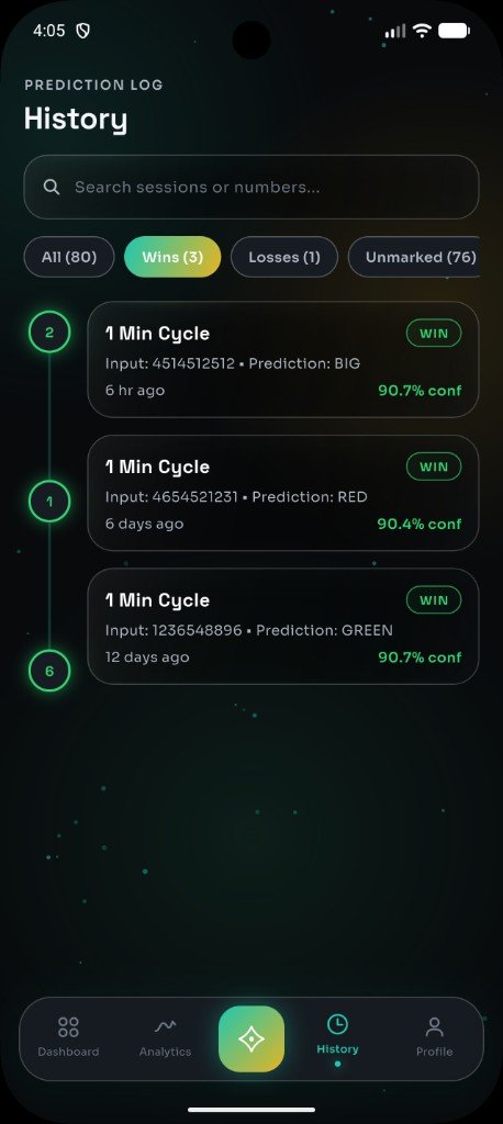 Prediction History screen showing wins, losses and unmarked sessions with confidence scores