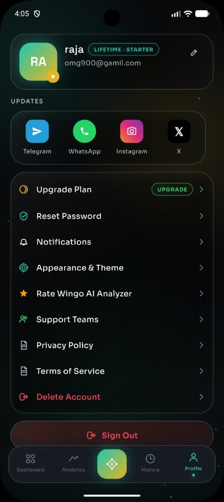 Profile screen with account info, upgrade plan, notifications, appearance and support options