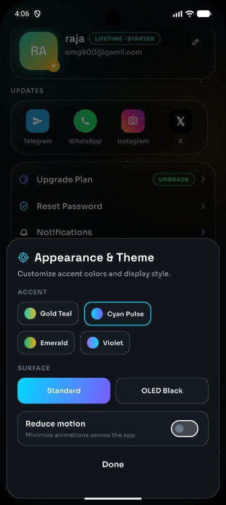 Appearance and Theme settings with Gold Teal, Cyan Pulse, Emerald and Violet accent options